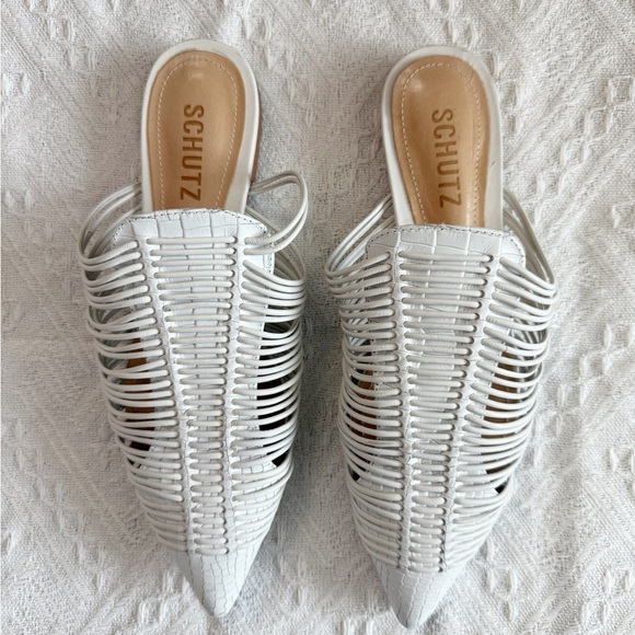 SCHUTZ Rosalyn Point Toe White Woven Mules - Picture 2 of 7